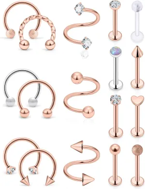 16G Lip Rings and Studs - Stainless Steel Horseshoe, Medusa Labret, Monroe Piercing Jewelry for Women - Tragus, Helix, Cartilage, Forward Earrings Retainer 17pcs