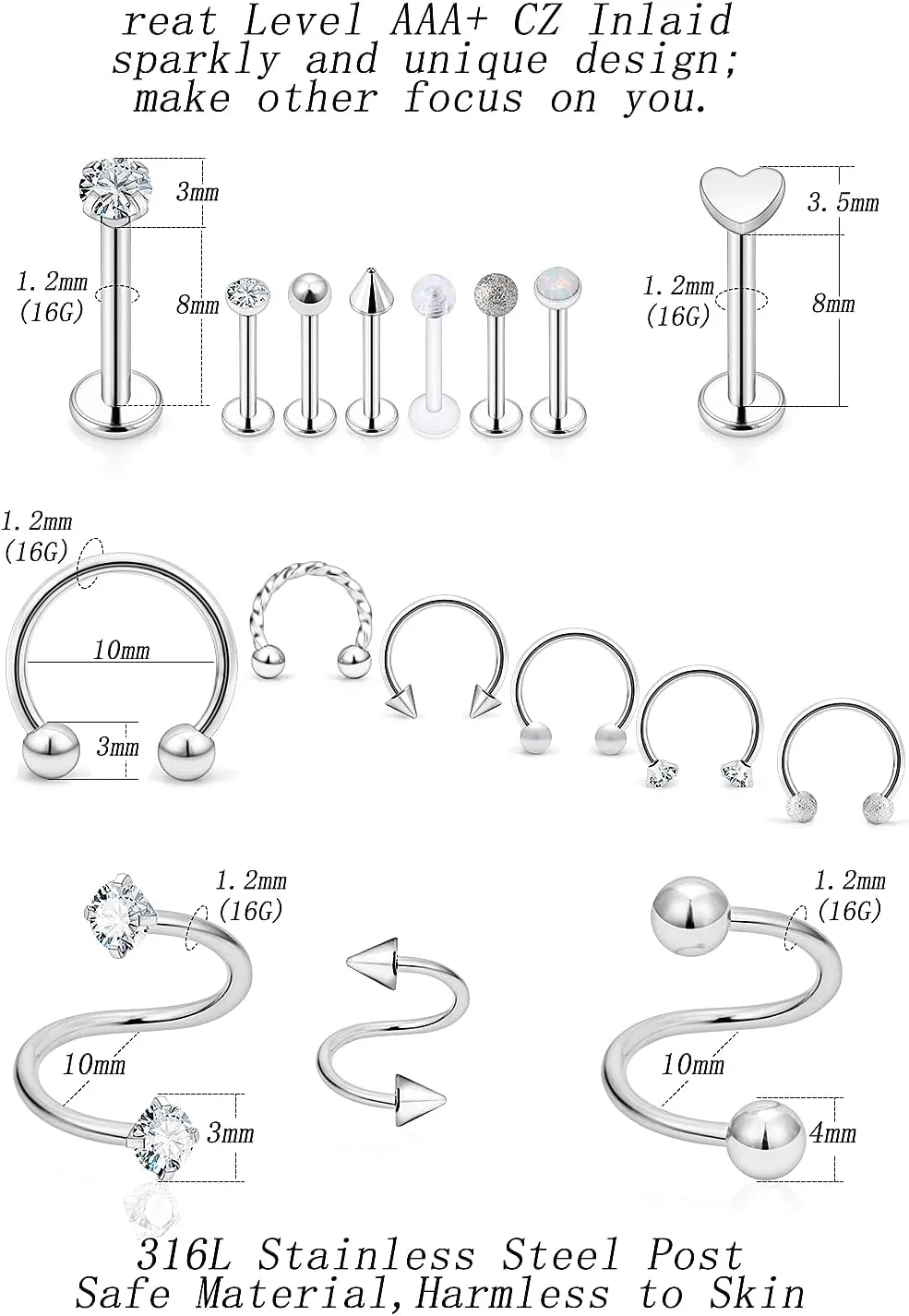 16G Lip Rings and Studs - Stainless Steel Horseshoe, Medusa Labret, Monroe Piercing Jewelry for Women - Tragus, Helix, Cartilage, Forward Earrings Retainer 17pcs