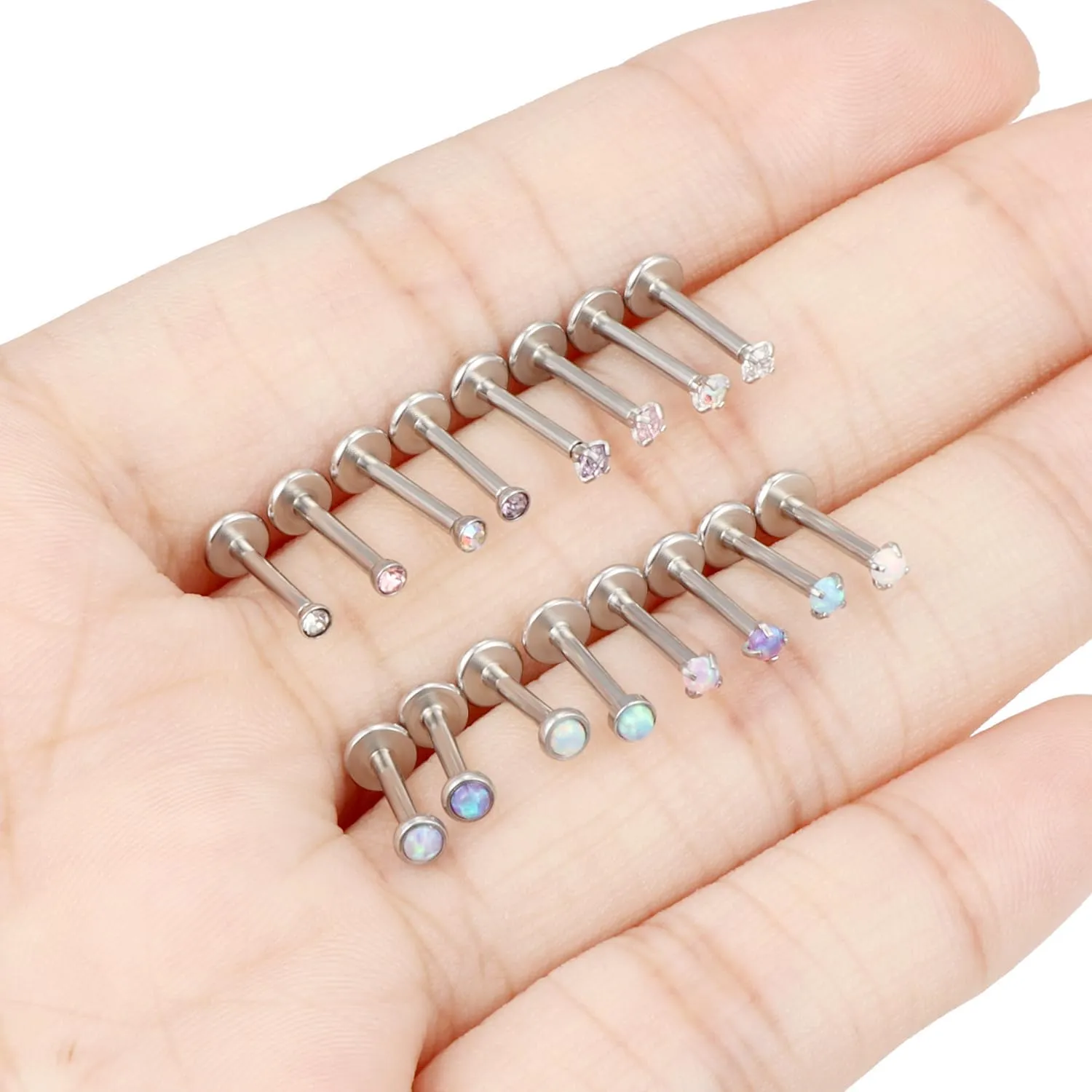 16G Lip Rings for Women Stainless Surgical Steel Labret Jewelry Monroe Lip Ring Medusa Piercing Jewelry Tragus Helix Cartilage Forward Earring Piercing Jewelry for Women CZ Opal Silver 16Pcs
