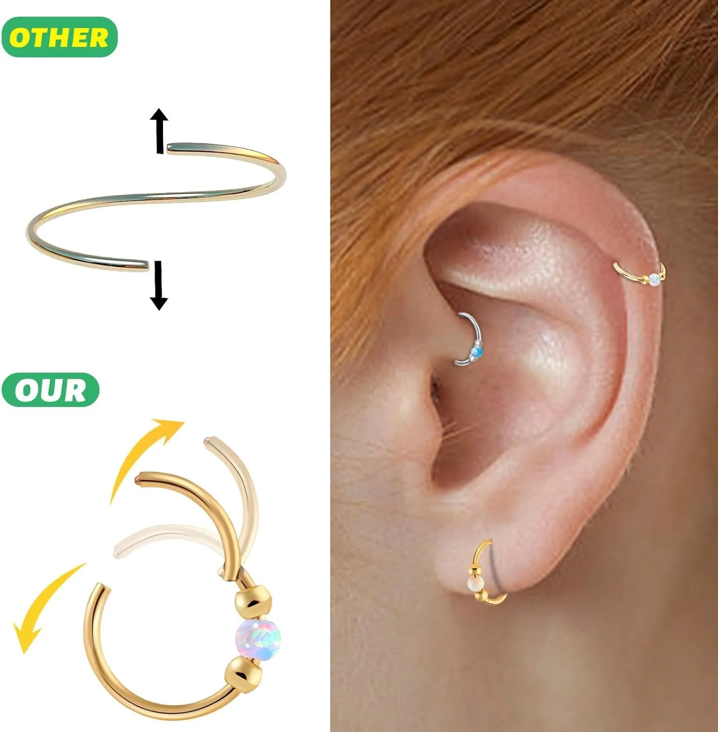18g Gold Nose Hoops Opal Nose Rings For Women - Fake/Real, Surgical Steel, Hypoallergenic