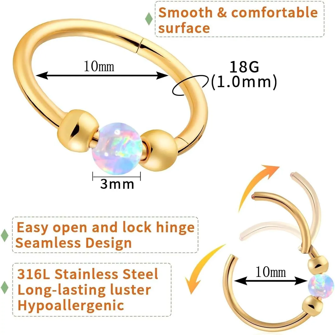 18g Gold Nose Hoops Opal Nose Rings For Women - Fake/Real, Surgical Steel, Hypoallergenic