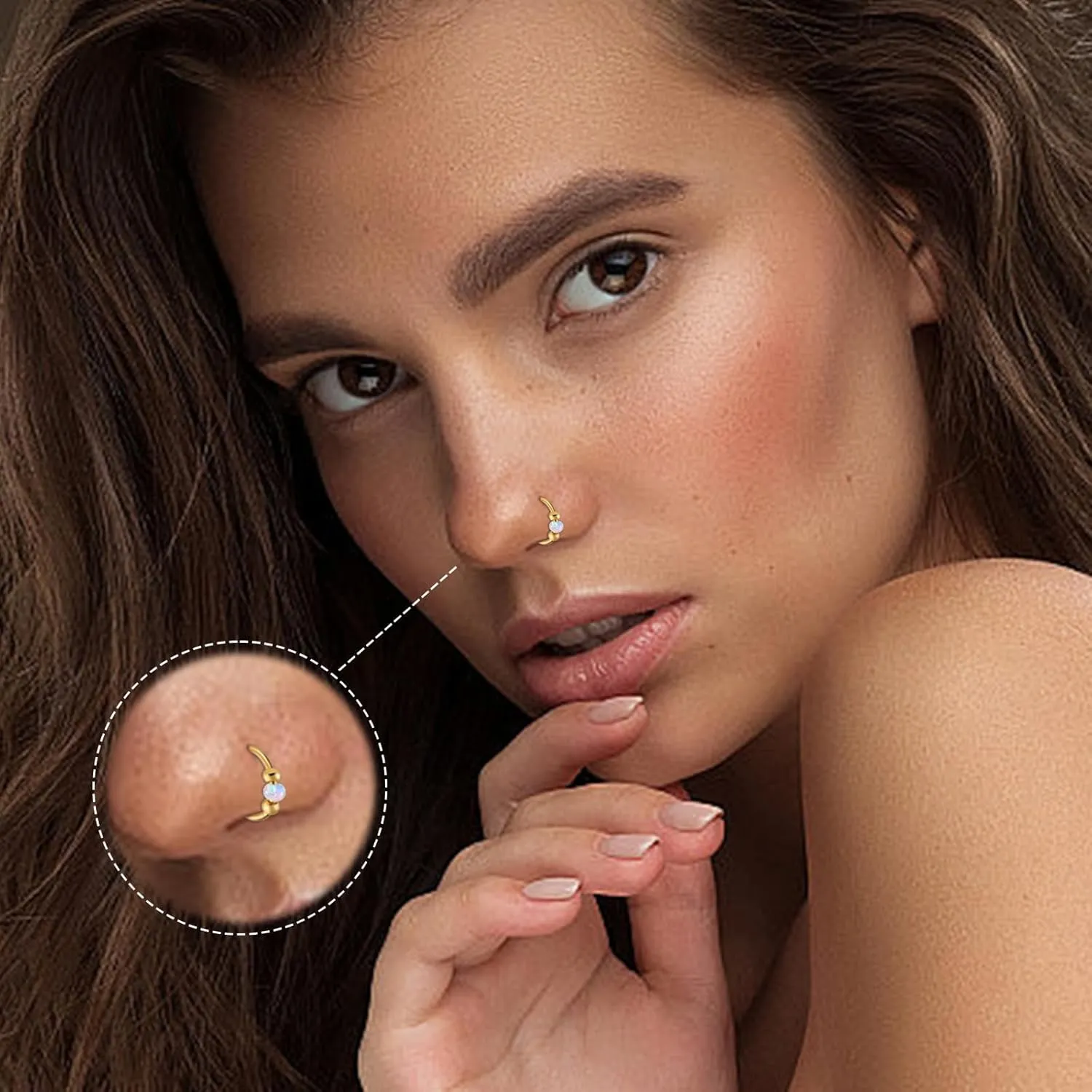 18g Gold Nose Hoops Opal Nose Rings For Women - Fake/Real, Surgical Steel, Hypoallergenic