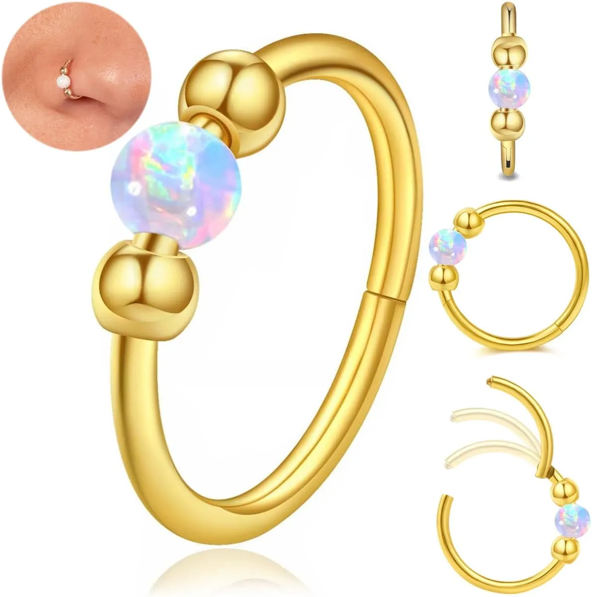 18g Gold Nose Hoops Opal Nose Rings For Women - Fake/Real, Surgical Steel, Hypoallergenic