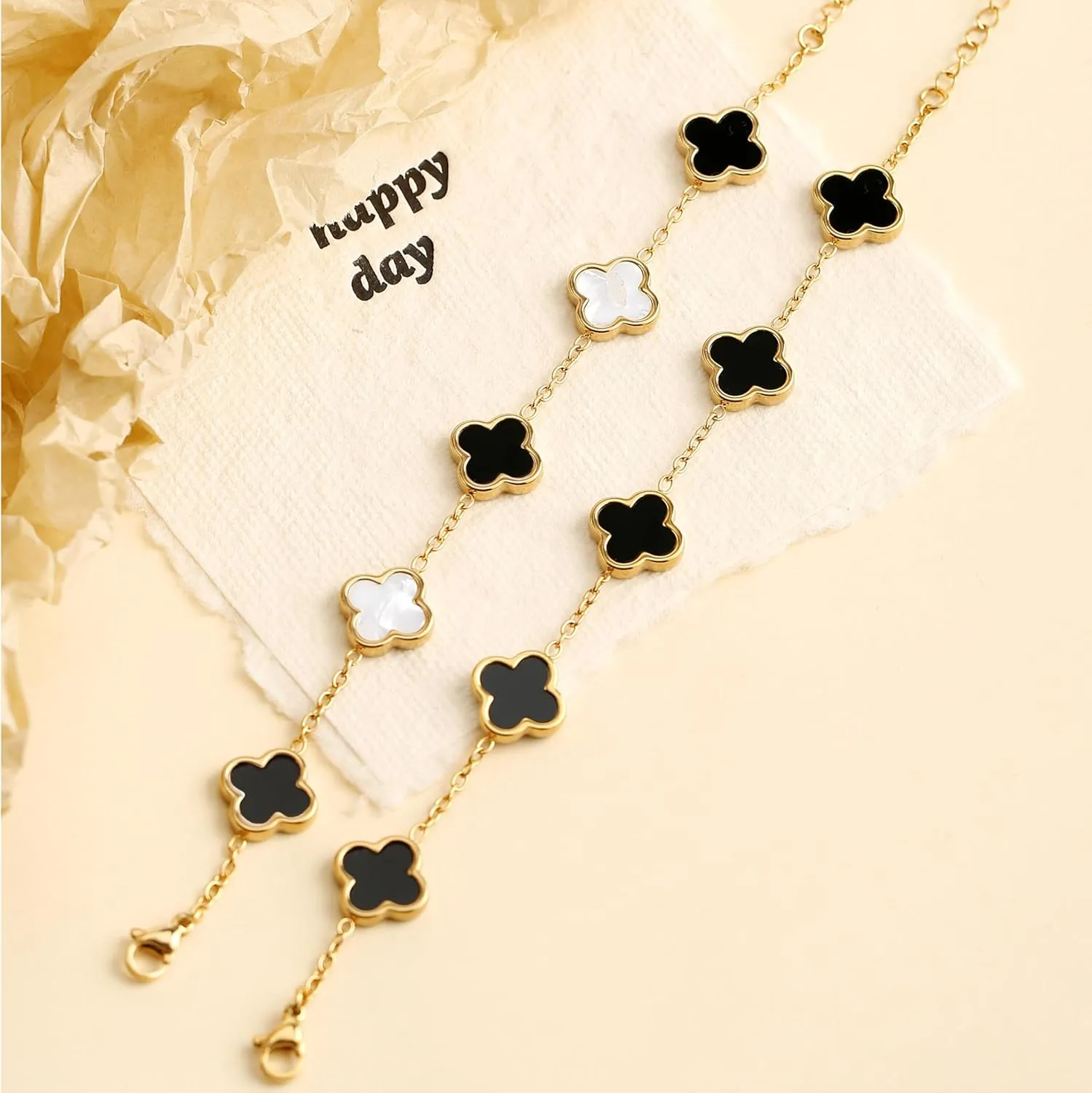 18K Gold bracelets for women Clover Bracelet Set 2Pcs White Flower Bangle Bracelet Lucky Four Leaf Stackable Bracelets Jewelry Gifts Trendy for Women non Tarnish
