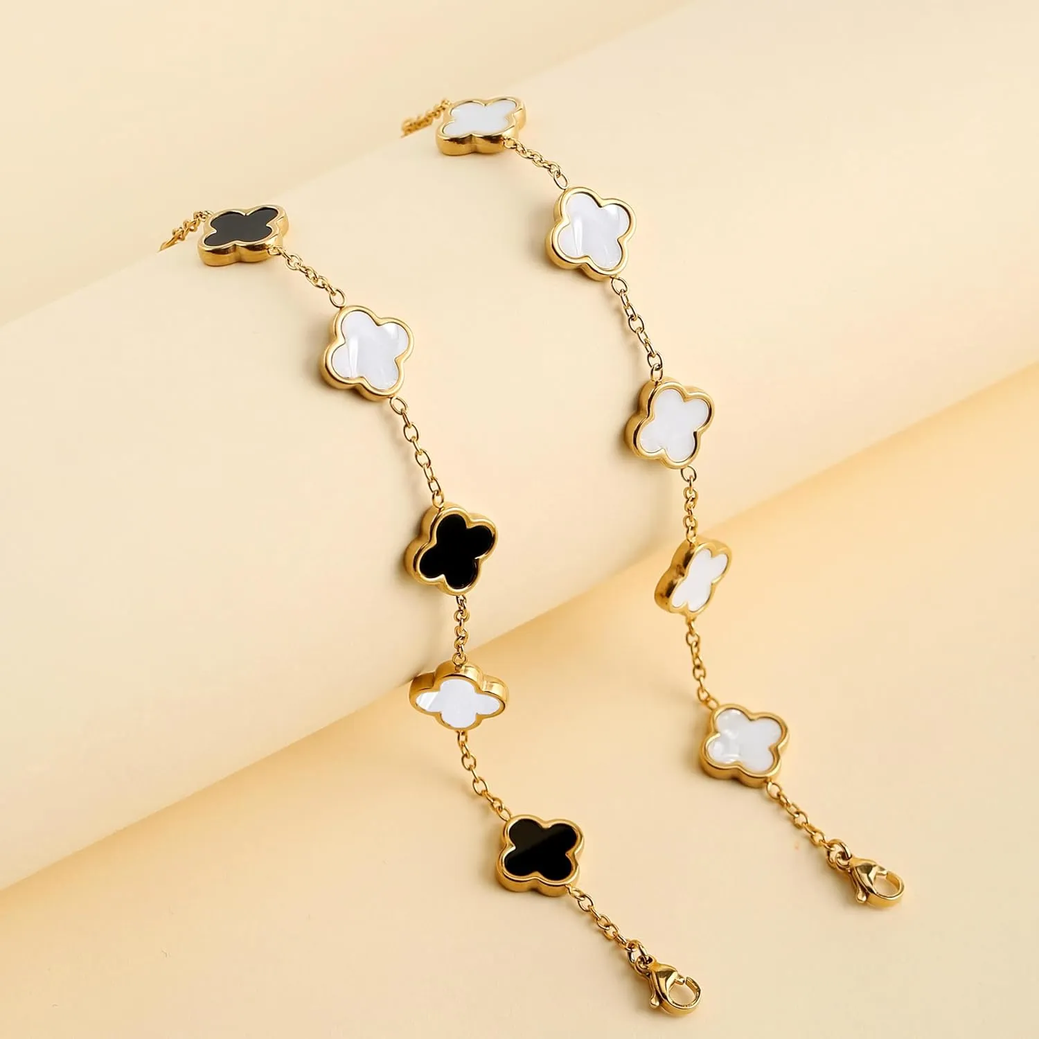 18K Gold bracelets for women Clover Bracelet Set 2Pcs White Flower Bangle Bracelet Lucky Four Leaf Stackable Bracelets Jewelry Gifts Trendy for Women non Tarnish