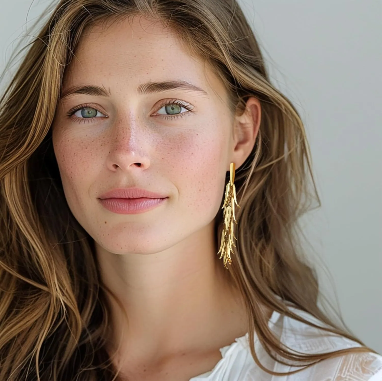 18K Gold Plated Leaf Hoop Earrings for Women, Long Tassel Dangle Drop Earrings, Chunky Gold Chandelier Earrings