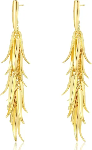 18K Gold Plated Leaf Hoop Earrings for Women, Long Tassel Dangle Drop Earrings, Chunky Gold Chandelier Earrings