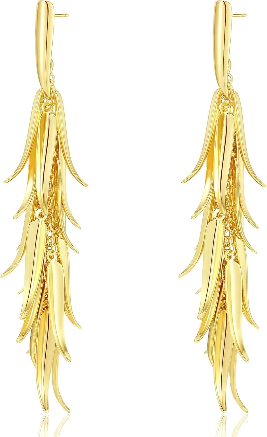 18K Gold Plated Leaf Hoop Earrings for Women, Long Tassel Dangle Drop Earrings, Chunky Gold Chandelier Earrings