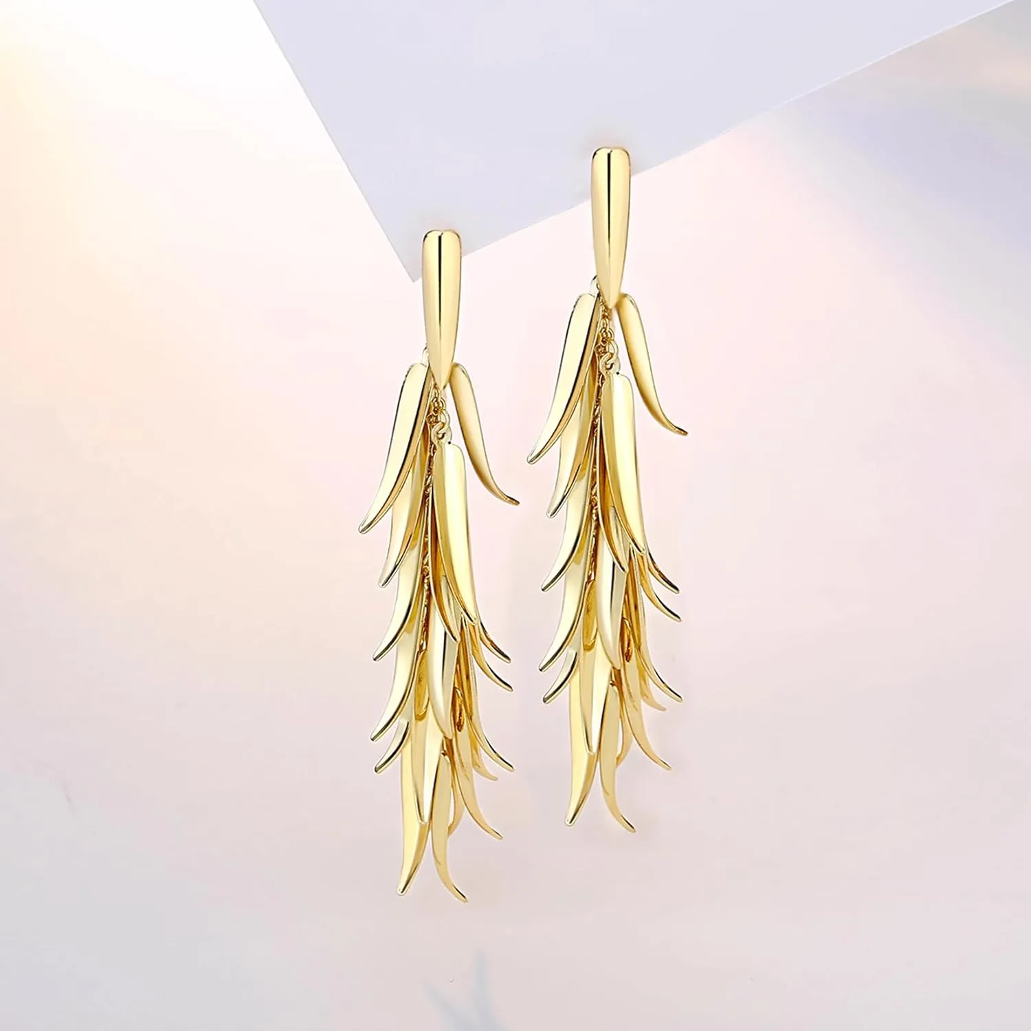 18K Gold Plated Leaf Hoop Earrings for Women, Long Tassel Dangle Drop Earrings, Chunky Gold Chandelier Earrings
