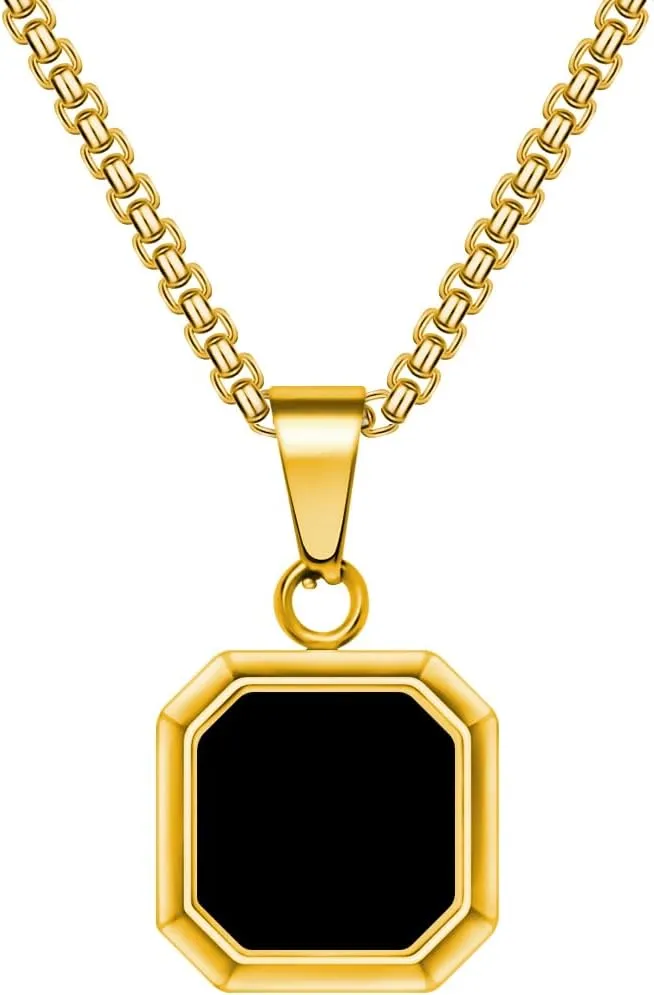 18K Gold Plated Necklace Black Onyx/Blue Sandstone/Blue Turquoise/for Men Women Stainless Steel Square/Rectangle Pendant Necklaces with Box Chain