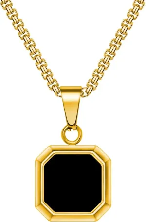 18K Gold Plated Necklace Black Onyx/Blue Sandstone/Blue Turquoise/for Men Women Stainless Steel Square/Rectangle Pendant Necklaces with Box Chain