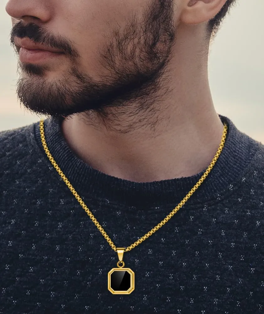 18K Gold Plated Necklace Black Onyx/Blue Sandstone/Blue Turquoise/for Men Women Stainless Steel Square/Rectangle Pendant Necklaces with Box Chain