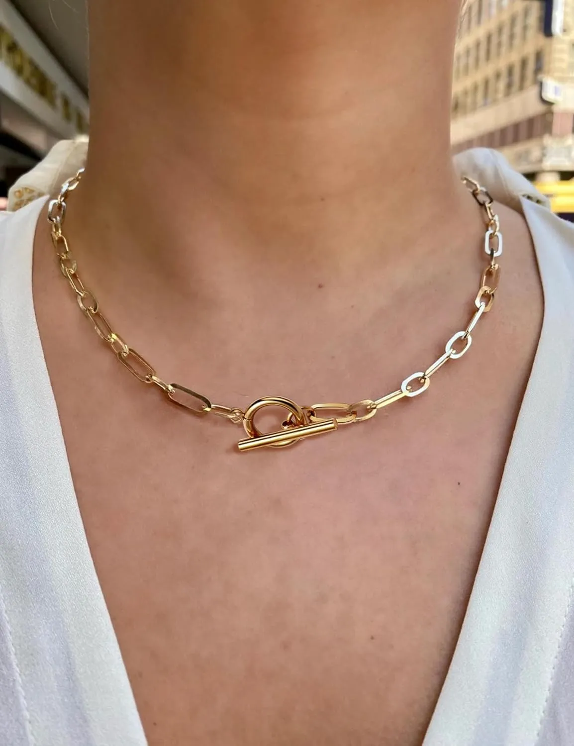 18K Gold Plated Paperclip Chain Necklace for Women Dainty Gold Paperclip Link Chain Necklace for Women