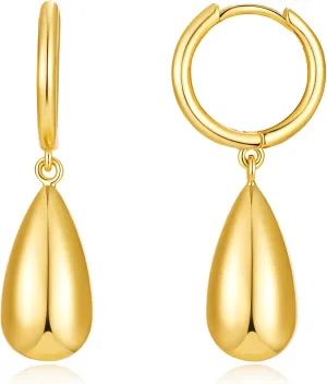 18K Gold - Plated Teardrop Dangle Hoop Earrings for Women Minimalist Small Huggie Earrings with Teardrop Charms Modern Chunky Water Droplet