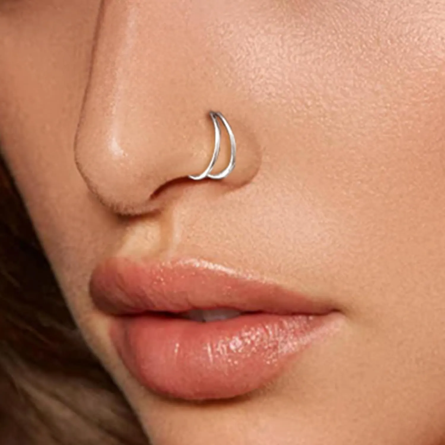 1PC Double Hoop Fake Nose Ring 925 Sterling Silver 14K Gold Plated Hypoallergenic Double Layer Hinge Hoop for Men Women Adjustable 8-10mm Septum Cartilage Piercing Wedding Graduation Jewelry for Lover
