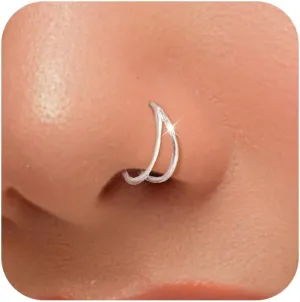 1PC Double Hoop Fake Nose Ring 925 Sterling Silver 14K Gold Plated Hypoallergenic Double Layer Hinge Hoop for Men Women Adjustable 8-10mm Septum Cartilage Piercing Wedding Graduation Jewelry for Lover