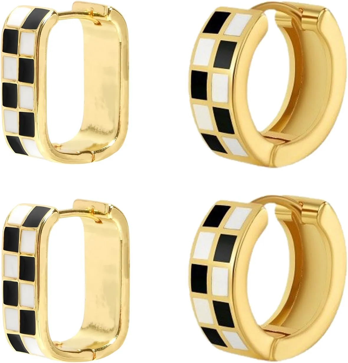 2 Pairs 18K Gold Filled Enamel, Hypoallergenic Classic Gift Set,Dainty Checkered Hoop Earrings,Chic Small Hoop Cartilage Earrings