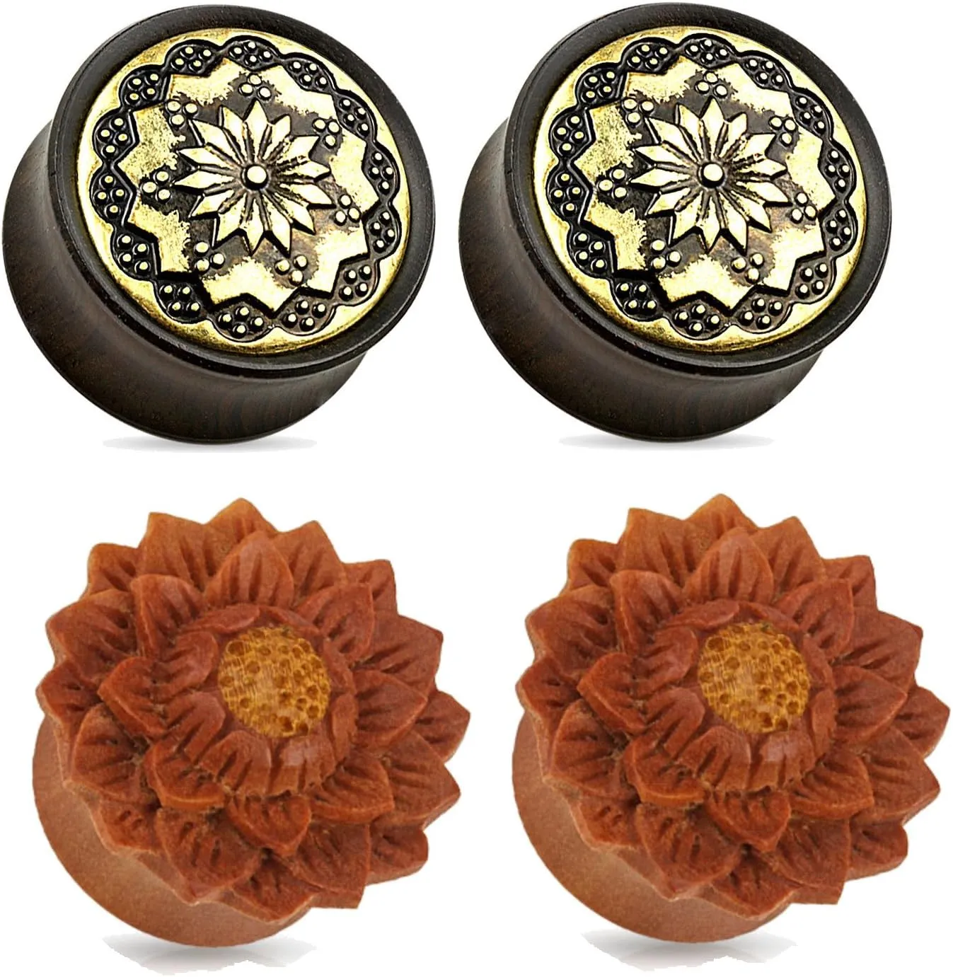 2 Pairs of Organic Ebony and Jackfruit Flower Wood Ear Plugs Tunnels 2g 0g 1/2 9/16 5/8 3/4 7/8 1 Inch