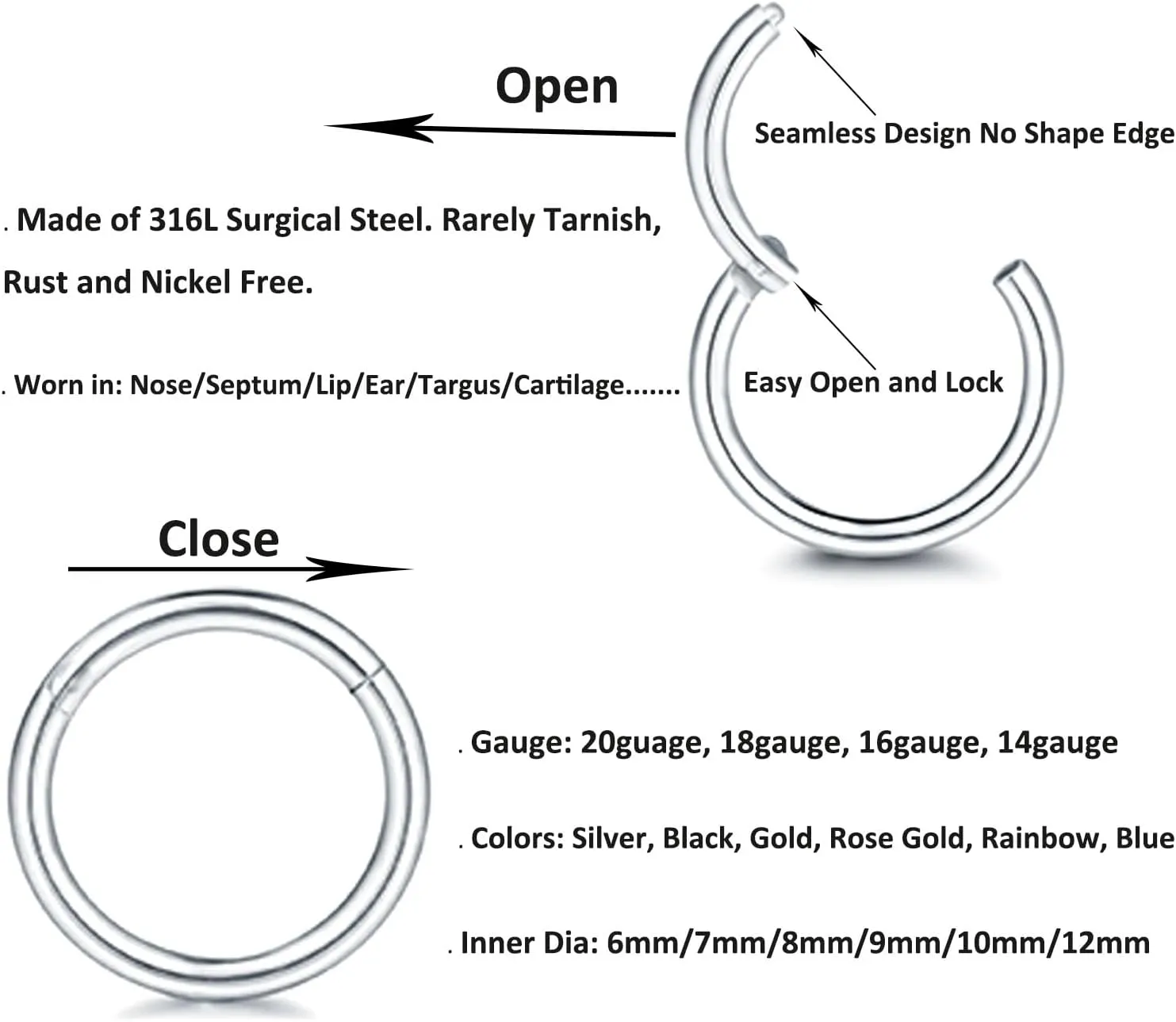 20G 18G 16G 14G Nose Rings Hoops 316L Surgical Steel Hinged Clicker Segment Septum Nose Lip Rings for Women 6mm 7mm 8mm 9mm 10mm 12mm Gold Silver Black Rose Gold Blue