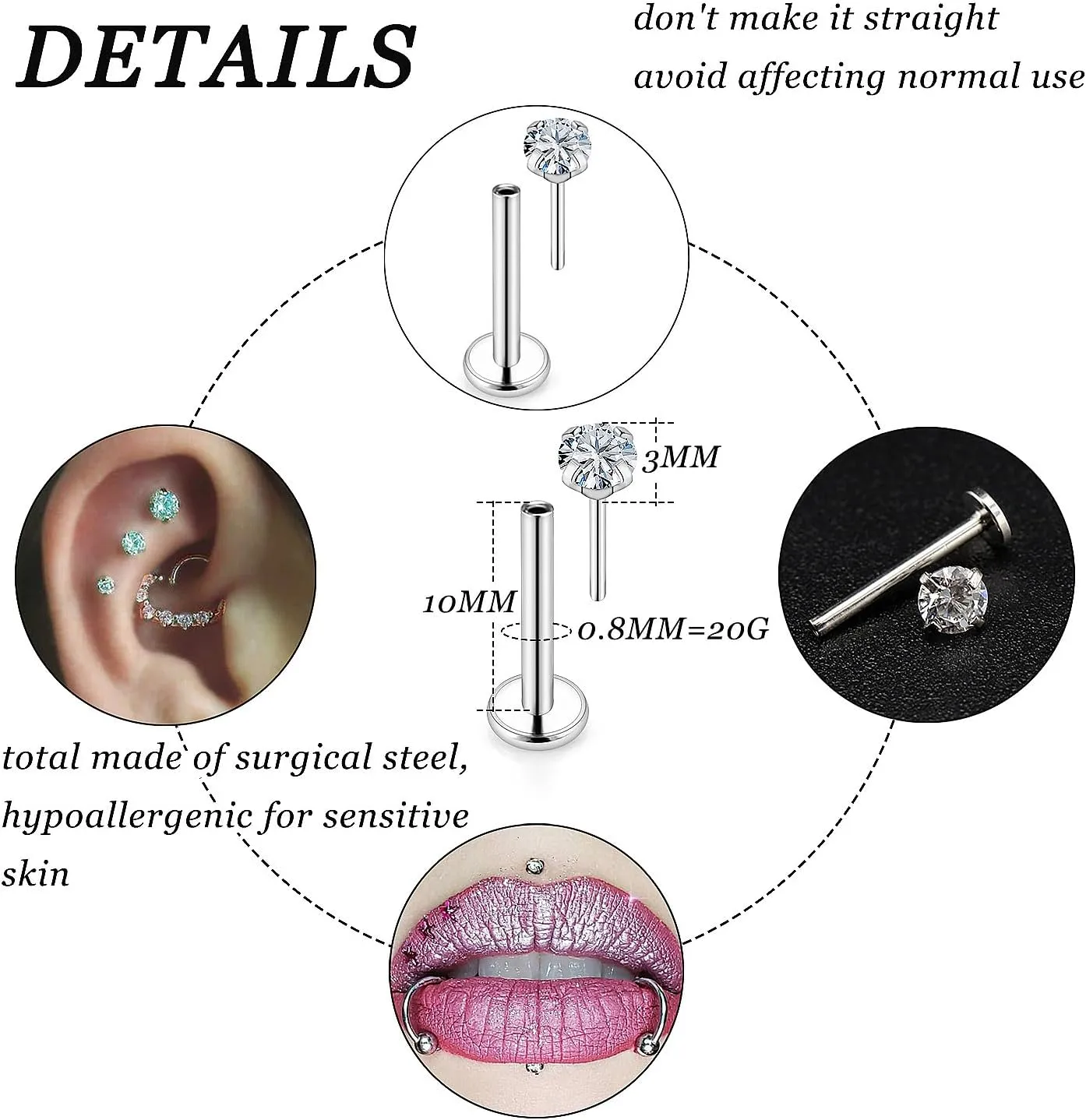 20G 18G 16G Threadless Lip Rings Surgical Steel Flat Back Earrings Labret Jewelry Medusa Monroe Snake Bite Lip Ring Tragus Helix Cartilage Forward Earrings Piercing Jewelry for Women Men
