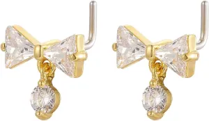 20G Clear CZ Bowknot Dangle Nose Rings Studs for Women 2Pcs 316L Surgical Steel L-Shaped Nose Studs Rings Cute Crystal Bow Nose Piercing Jewelry