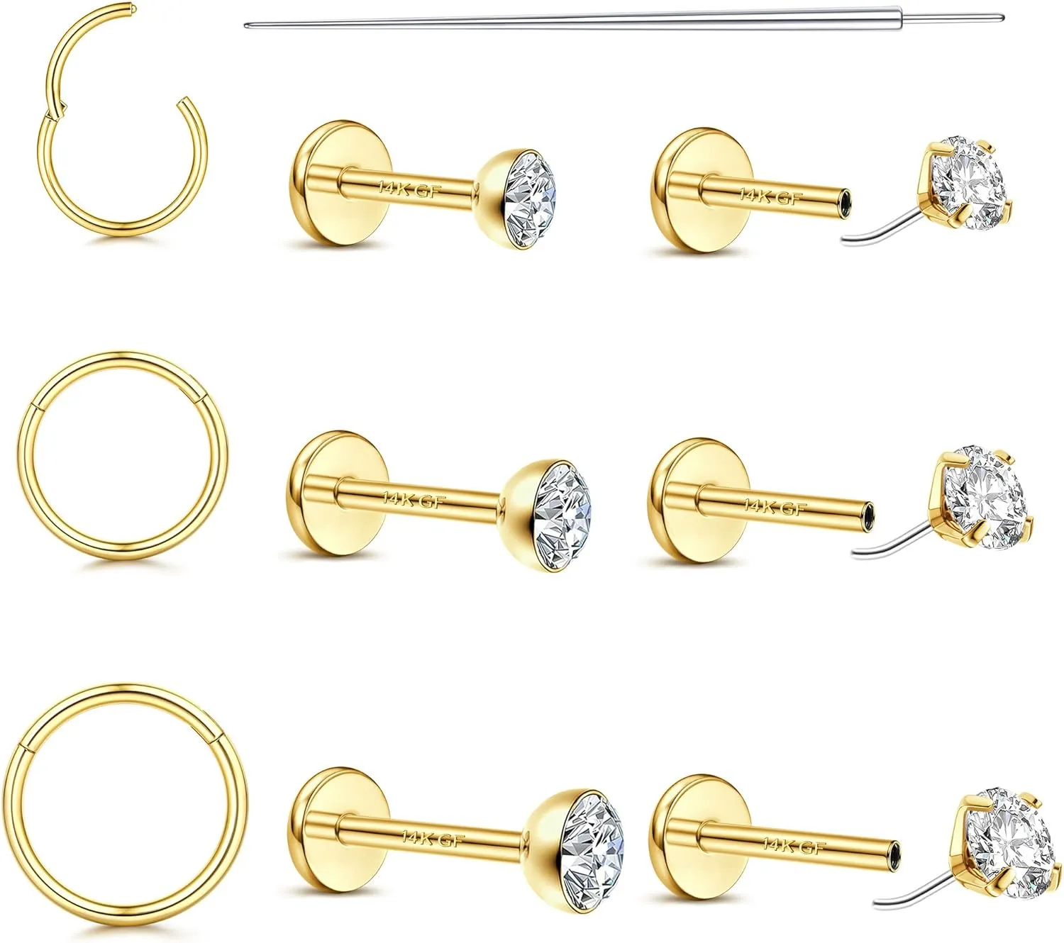 20G/18G Nose Rings Studs for Women Men - 14K Gold Filled Flat Back Nose Studs Nose Ring Hoops Hypoallergenic Surgical Steel Threadless Push in CZ Helix Tragus Conch Nostril Cartilage Piercing Jewelry