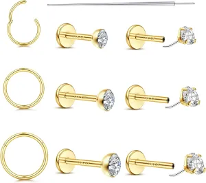 20G/18G Nose Rings Studs for Women Men - 14K Gold Filled Flat Back Nose Studs Nose Ring Hoops Hypoallergenic Surgical Steel Threadless Push in CZ Helix Tragus Conch Nostril Cartilage Piercing Jewelry