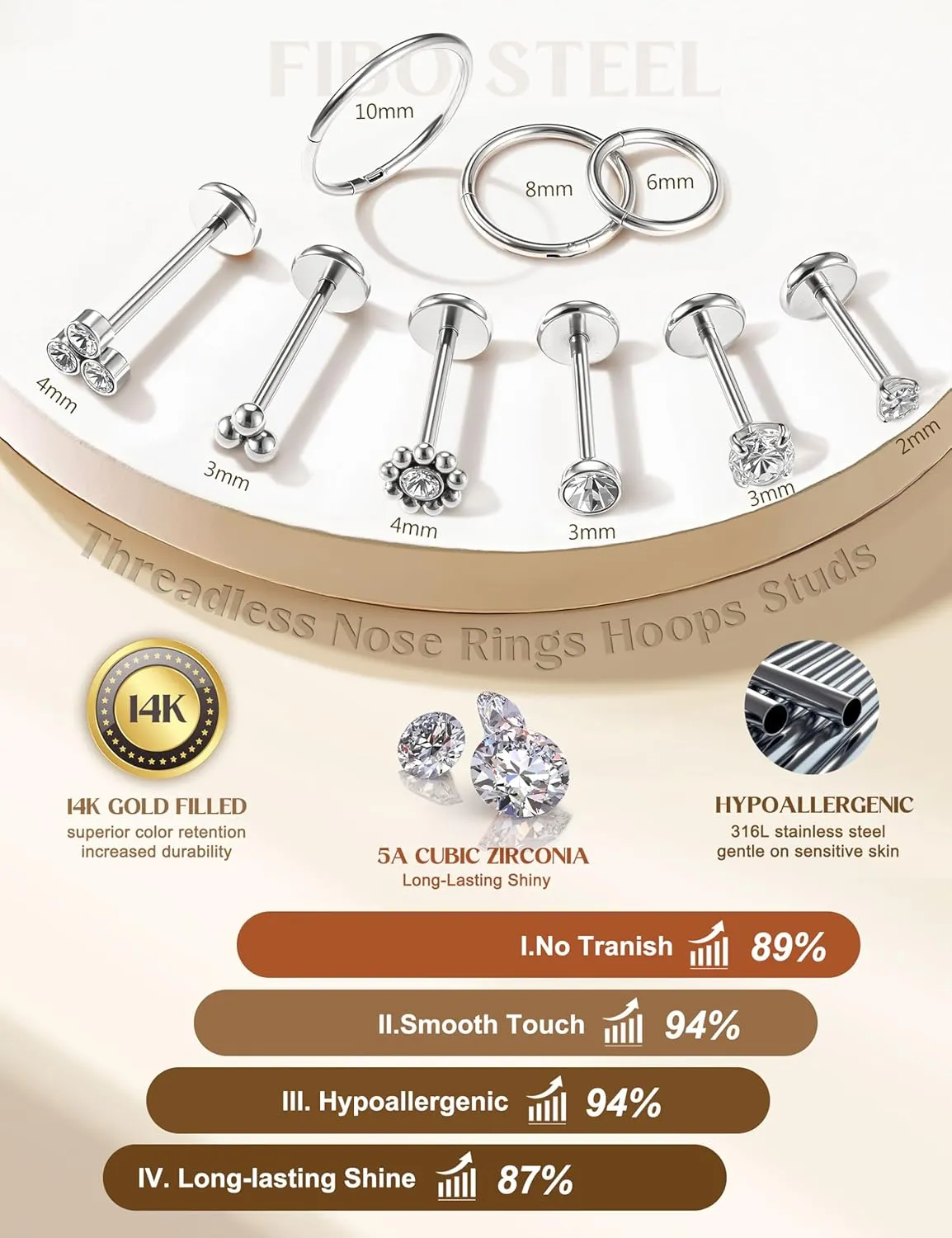 20G/18G Nose Rings Studs for Women Men - 14K Gold Filled Flat Back Nose Studs Nose Ring Hoops Hypoallergenic Surgical Steel Threadless Push in CZ Helix Tragus Conch Nostril Cartilage Piercing Jewelry