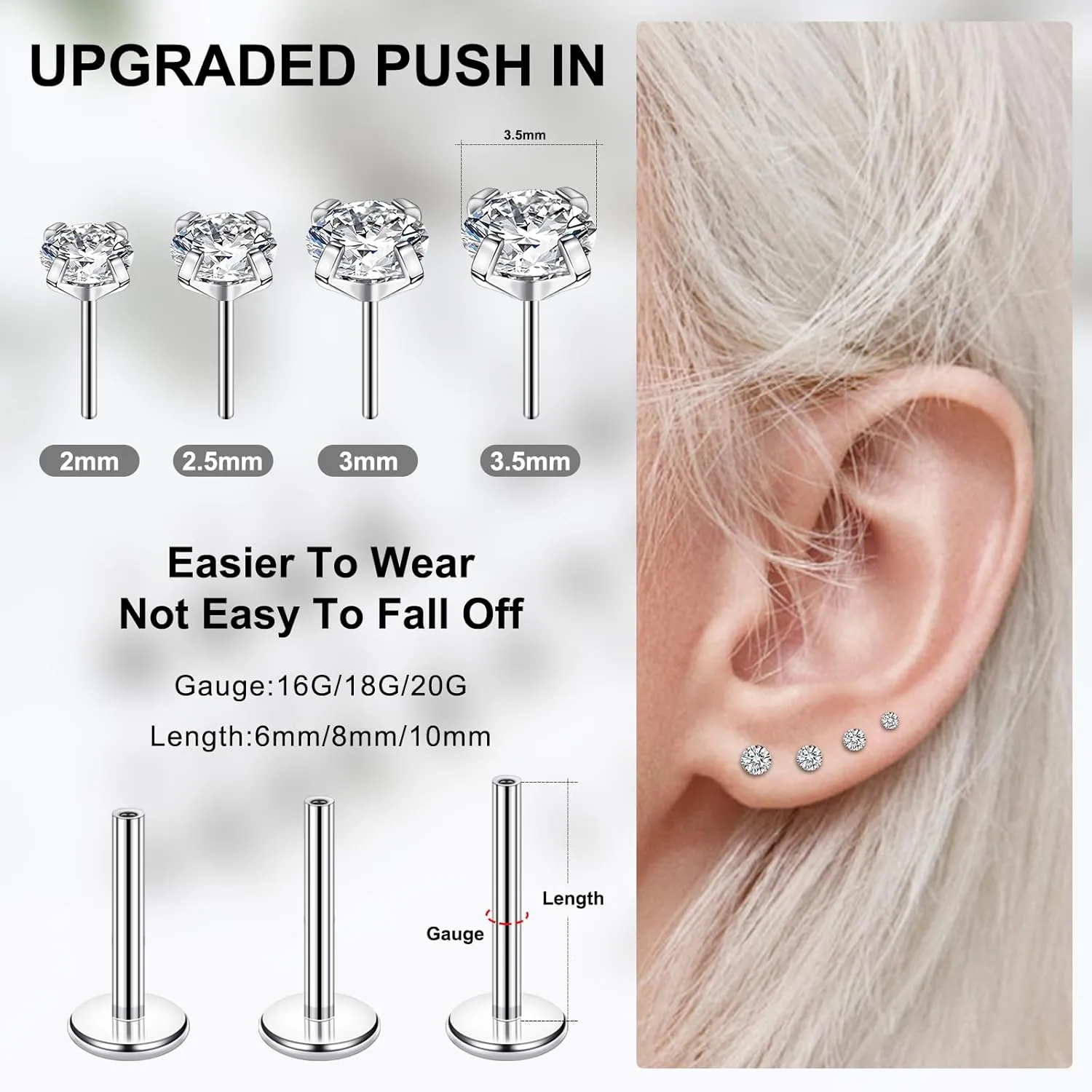 21PCS Nose Studs Stainless Steel Threadless Nose Piercings Lip Studs Push In Flat Back Earrings CZ Nose Nostril Tragus Helix Body Piercing Jewelry 20G 18G 16G