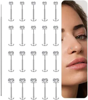 21PCS Nose Studs Stainless Steel Threadless Nose Piercings Lip Studs Push In Flat Back Earrings CZ Nose Nostril Tragus Helix Body Piercing Jewelry 20G 18G 16G