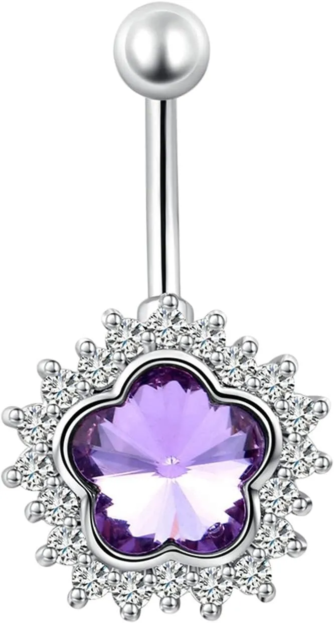 21St Birthday Gifts for Women, Belly Button Ring Crystal Cubic Zirconia Purple Surgical Steel Flower 3.98G for Women Girls Body Piercing Jewelry