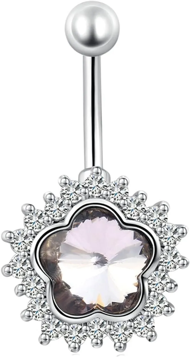 21St Birthday Gifts for Women, Belly Button Ring Crystal Cubic Zirconia Purple Surgical Steel Flower 3.98G for Women Girls Body Piercing Jewelry