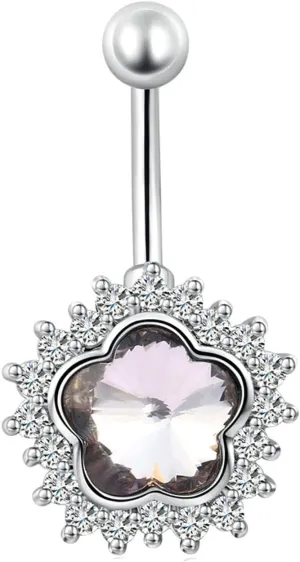 21St Birthday Gifts for Women, Belly Button Ring Crystal Cubic Zirconia Purple Surgical Steel Flower 3.98G for Women Girls Body Piercing Jewelry