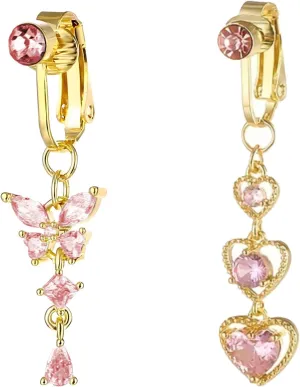 2PCS Belly Piercing Clip On Butterfly Heart Fake Belly Button Rings CZ Dangle