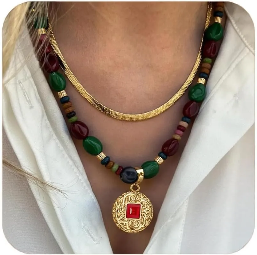 2Pcs Boho Bead Choker Necklace for Women,Colorful Beaded Gemstone Layered Necklace Natural Stone Snake Chain Surfer Beach Necklace 14K Gold Plated Summer Handmade Necklaces Jewelry