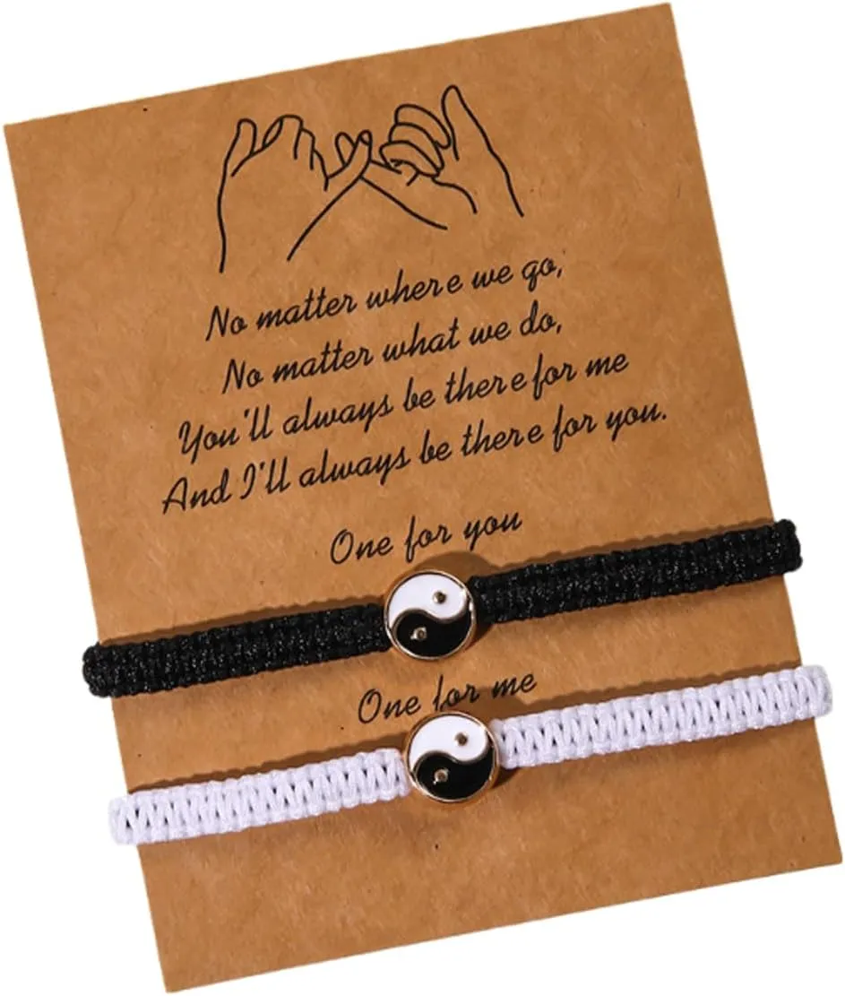 2Pcs Handmade Braided Tai Chi Bagua Charm Bracelets With Wish Card Adjustable Tai Chi Yin Yang Lucky Charm Bracelets for Women Men Couple Friendship Valentine's Day Jewelry Gifts
