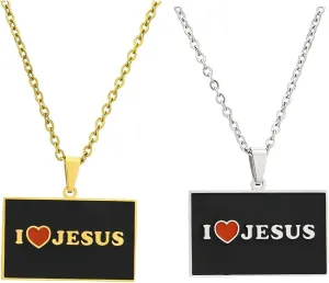 2Pcs I LOVE JESUS Black Square Pendant Necklace, Catholic Christian Bible Stainless Steel Necklace, Men's and Women's Religious Jewelry