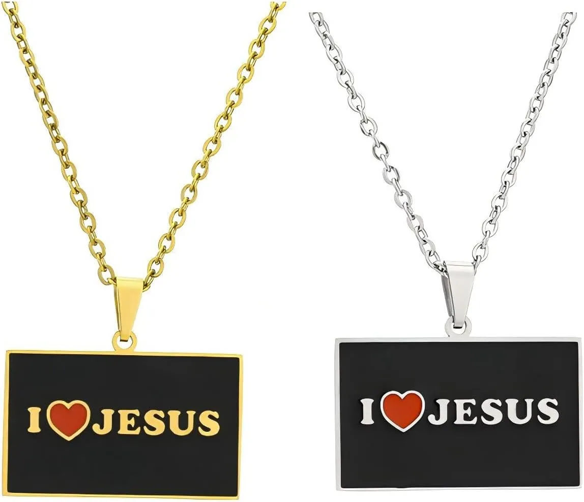 2Pcs I LOVE JESUS Black Square Pendant Necklace, Catholic Christian Bible Stainless Steel Necklace, Men's and Women's Religious Jewelry
