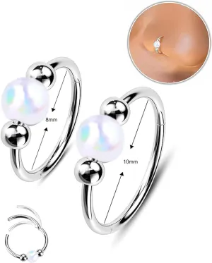 2PCS Opal Nose Rings for Women 8mm/10mm 316L Surgical Steel Septum Ring Silver Opal Nose Piercing Hoops Ring White Red Beaded Cartilage Earrings Jewelry