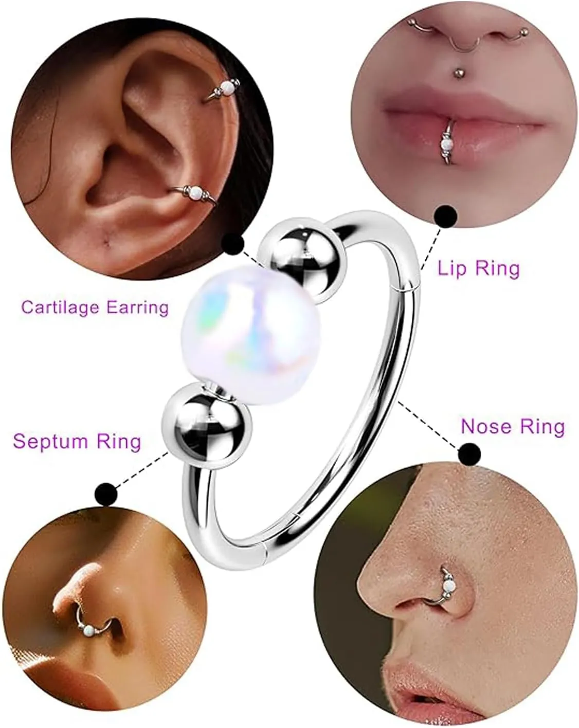 2PCS Opal Nose Rings for Women 8mm/10mm 316L Surgical Steel Septum Ring Silver Opal Nose Piercing Hoops Ring White Red Beaded Cartilage Earrings Jewelry