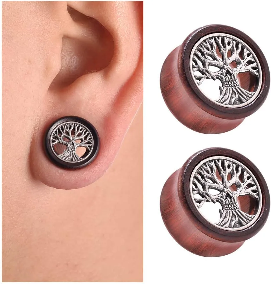 2PCS Organic Red Sandalwood Hollow Double Flared Ear Gauges Tunnels Expander Tree Of Life Jewelry For Man For Woman Body Piercing Jewelry 0g-1 inch.