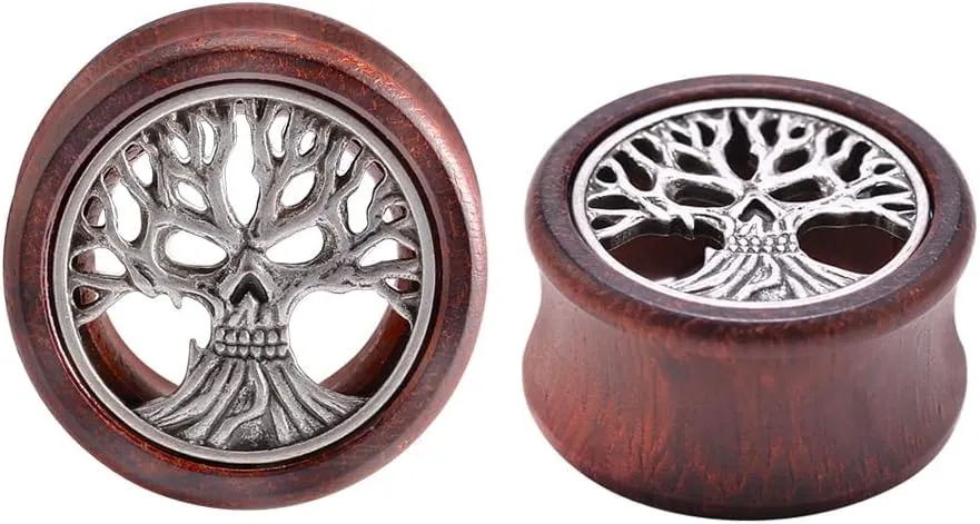 2PCS Organic Red Sandalwood Hollow Double Flared Ear Gauges Tunnels Expander Tree Of Life Jewelry For Man For Woman Body Piercing Jewelry 0g-1 inch.