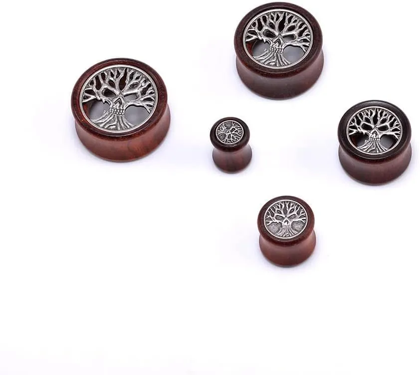 2PCS Organic Red Sandalwood Hollow Double Flared Ear Gauges Tunnels Expander Tree Of Life Jewelry For Man For Woman Body Piercing Jewelry 0g-1 inch.