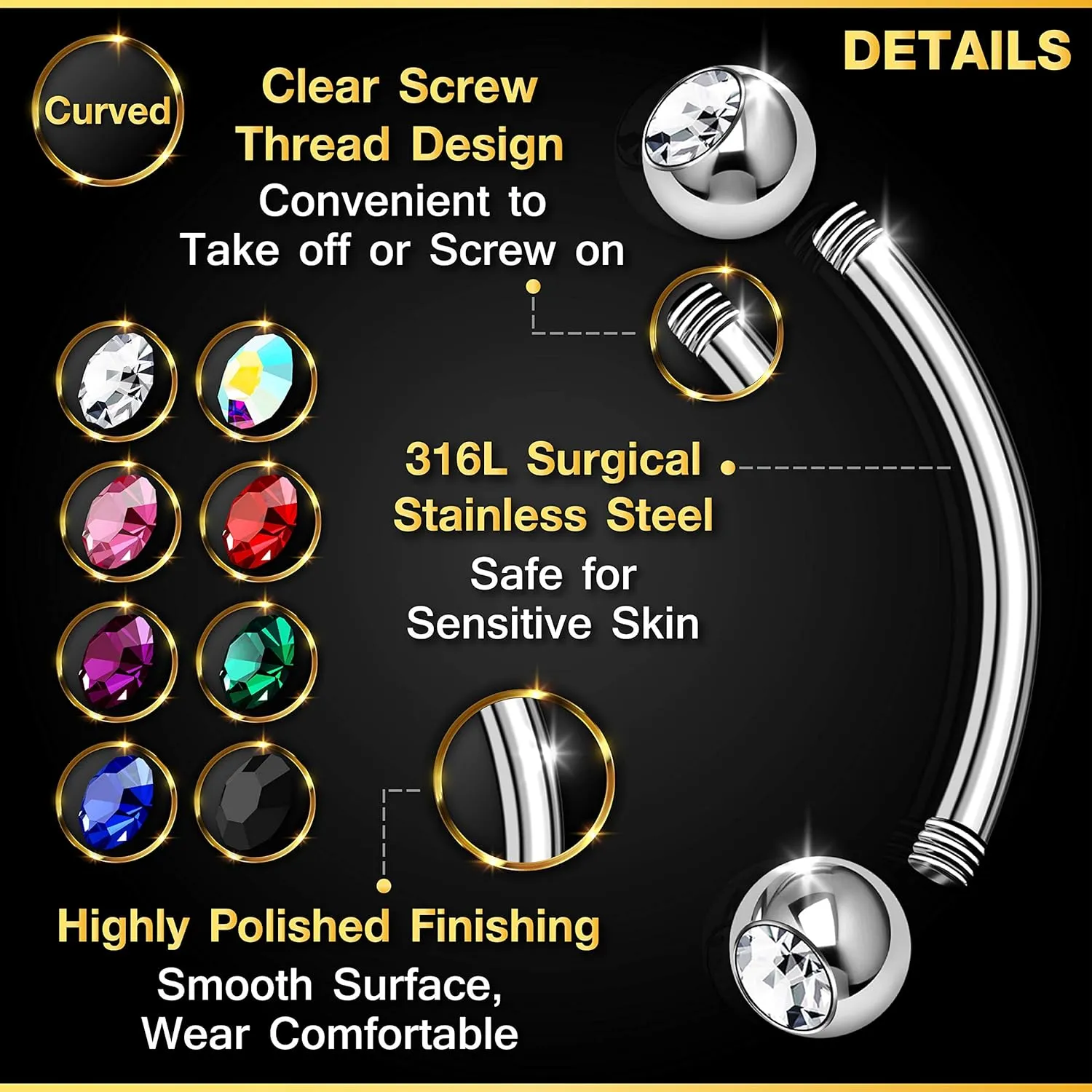 2PCS Stainless Steel Curved Barbell 14 Gauge 5/16 8mm 4mm Crystal Tragus Lobe Earrings Eyebrow Piercing Jewelry Choose Colors