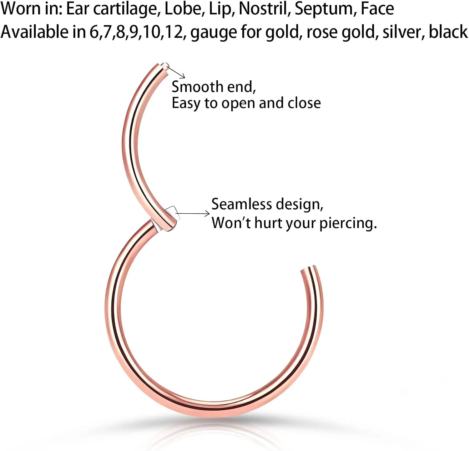 2Pcs Titanium Nose Rings 20G 18G 16G Nose Rings Hoops Septum Clicker Hinged Segment Ring Cartilage Helix Tragus Conch Daith Rook Nostril Hoop Piercing Earring, Diameter 5mm to 12mm Silver-Gold-Rose Gold-Black