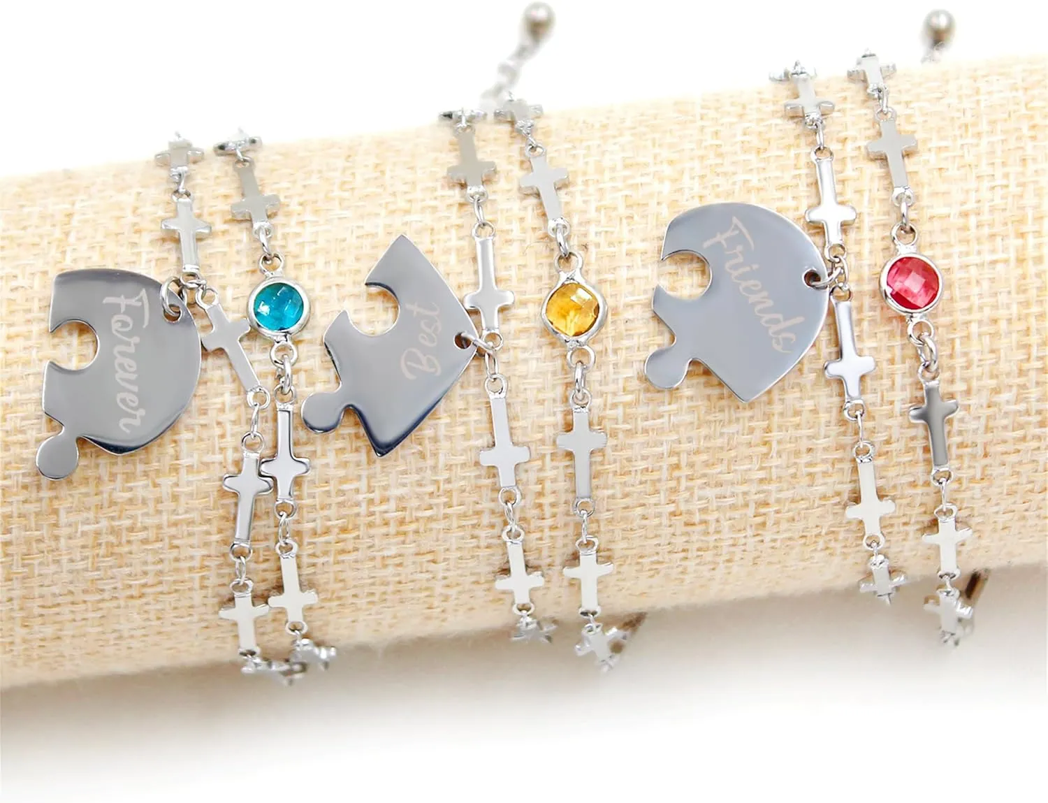 3 Heart-shaped Jigsaw Family Friendship Bracelets - Double Stainless Steel Cross Chain Birth Stone Charm Layered Heart Bracelets for Female Friendship Personalized Custom Jewelry