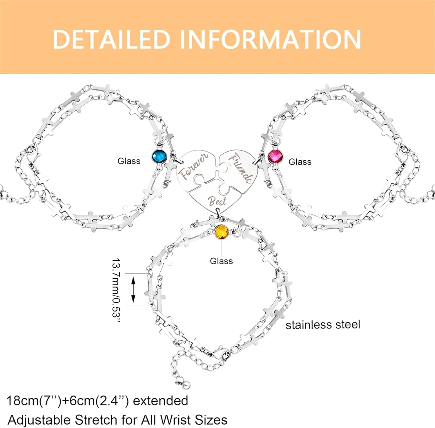 3 Heart-shaped Jigsaw Family Friendship Bracelets - Double Stainless Steel Cross Chain Birth Stone Charm Layered Heart Bracelets for Female Friendship Personalized Custom Jewelry