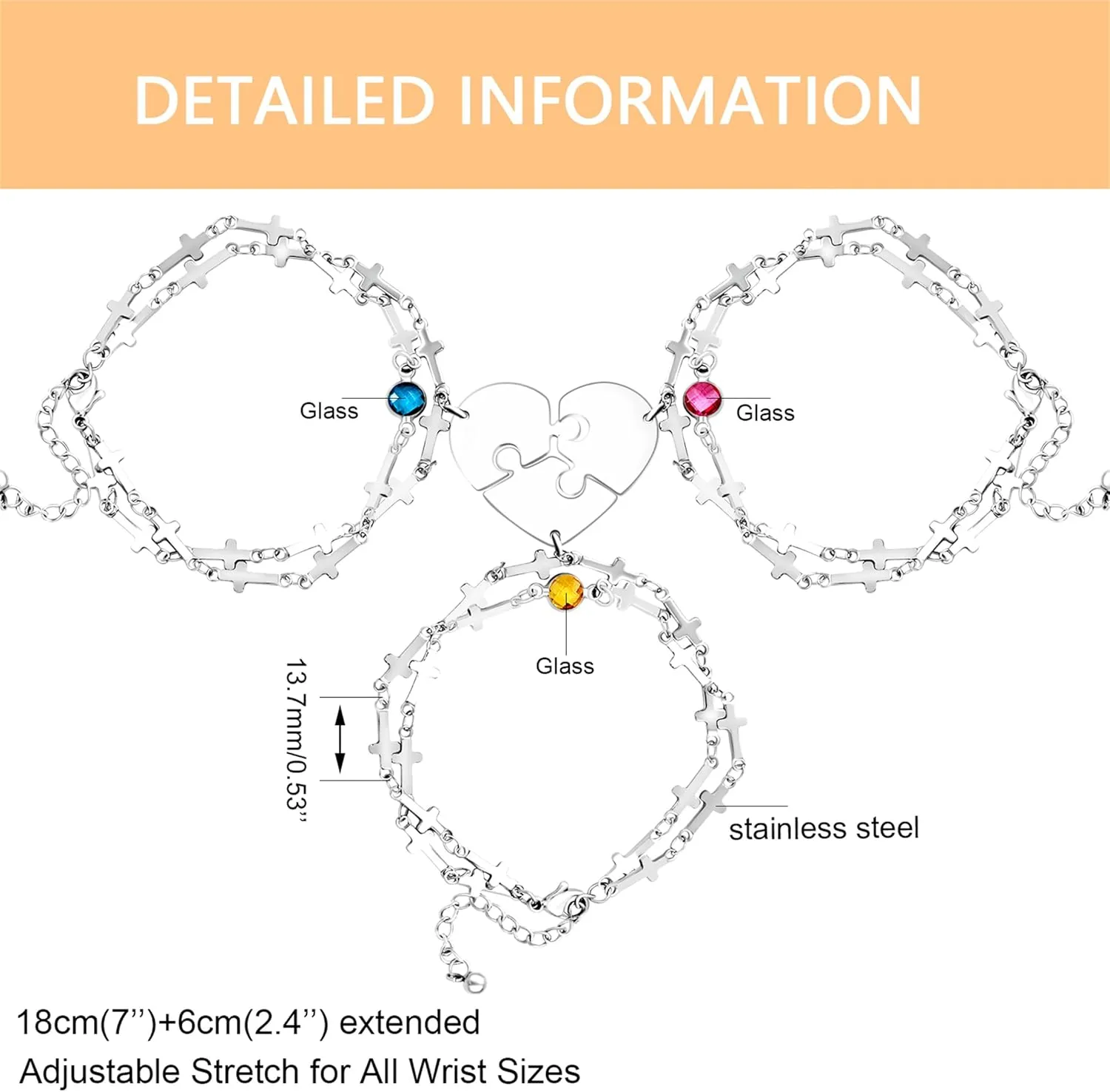 3 Heart-shaped Jigsaw Family Friendship Bracelets - Double Stainless Steel Cross Chain Birth Stone Charm Layered Heart Bracelets for Female Friendship Personalized Custom Jewelry