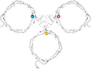 3 Heart-shaped Jigsaw Family Friendship Bracelets - Double Stainless Steel Cross Chain Birth Stone Charm Layered Heart Bracelets for Female Friendship Personalized Custom Jewelry