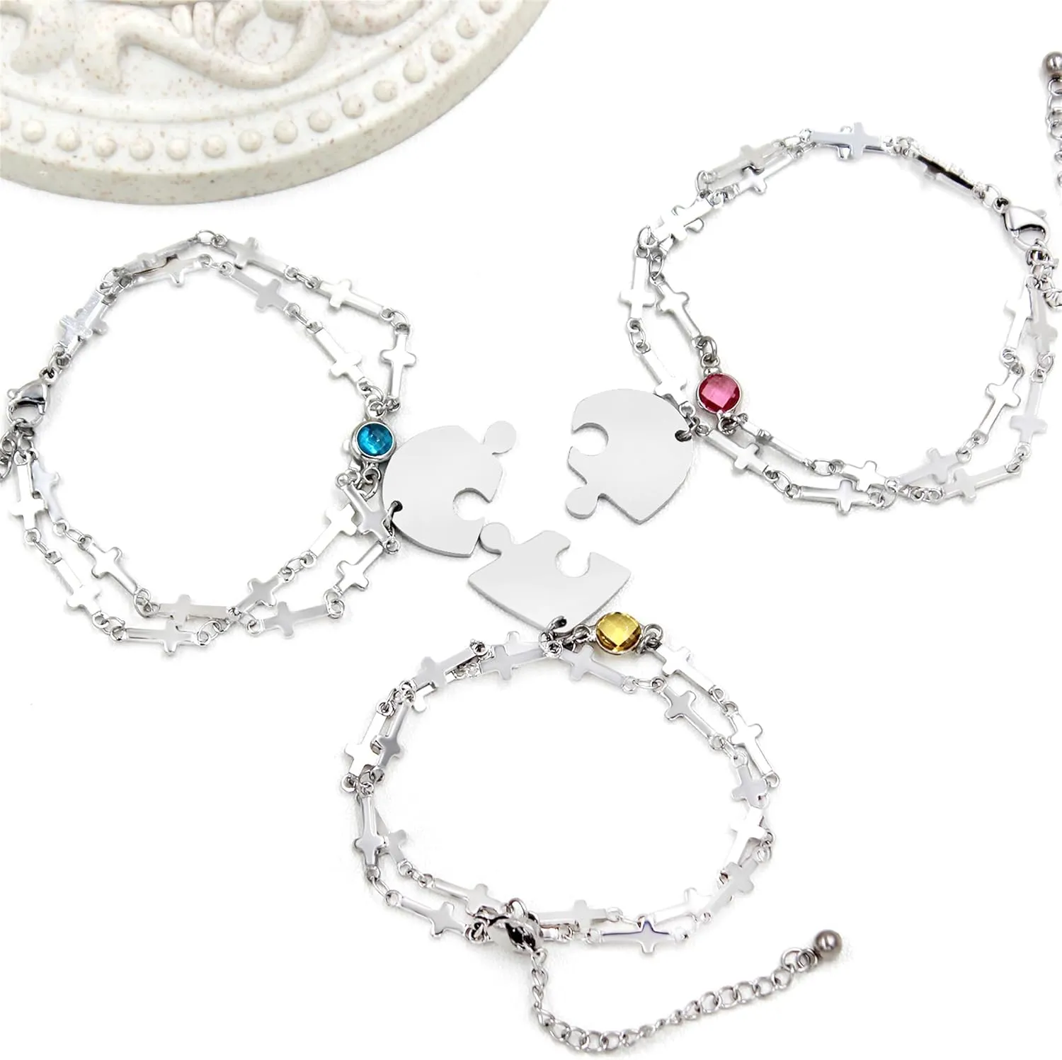 3 Heart-shaped Jigsaw Family Friendship Bracelets - Double Stainless Steel Cross Chain Birth Stone Charm Layered Heart Bracelets for Female Friendship Personalized Custom Jewelry